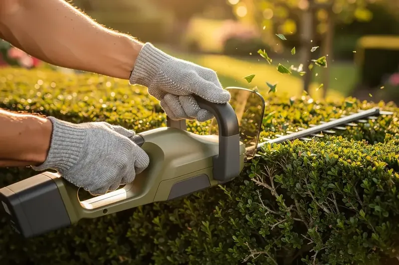 Akku-Heckenschere wird mit beiden Händen an Griff und Bügelgriff geführt und schneidet eine Hecke
