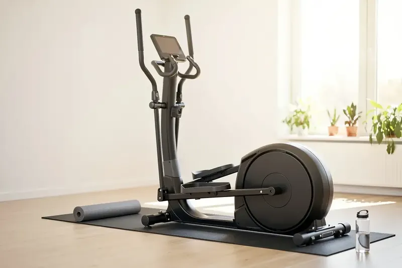 Crosstrainer mit Schwungscheibe auf Bodenmatte im hellen Home-Gym mit Yogamatte