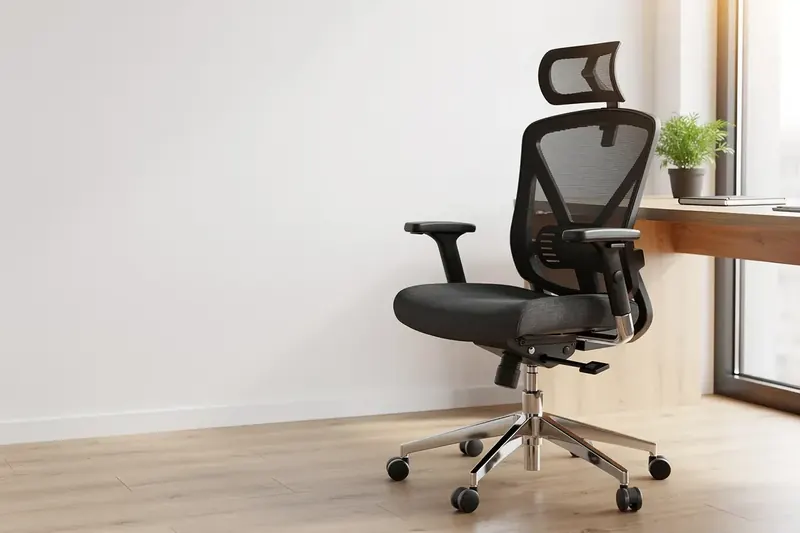 Ergonomischer Bürostuhl mit Netzrücken, Kopfstütze und verstellbaren Armlehnen im hellen Homeoffice
