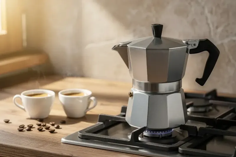 Espressokocher aus Aluminium auf dem Gasherd, daneben zwei Tassen Espresso und Kaffeebohnen