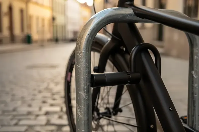 Schwarzes Bügelschloss sichert Fahrradrahmen an einem Fahrradbügel in der Altstadt