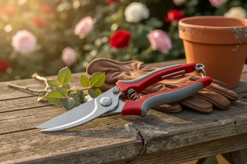 Bypass-Gartenschere mit rot-grauen Griffen auf einem Holztisch, daneben Rosenzweige und Handschuhe