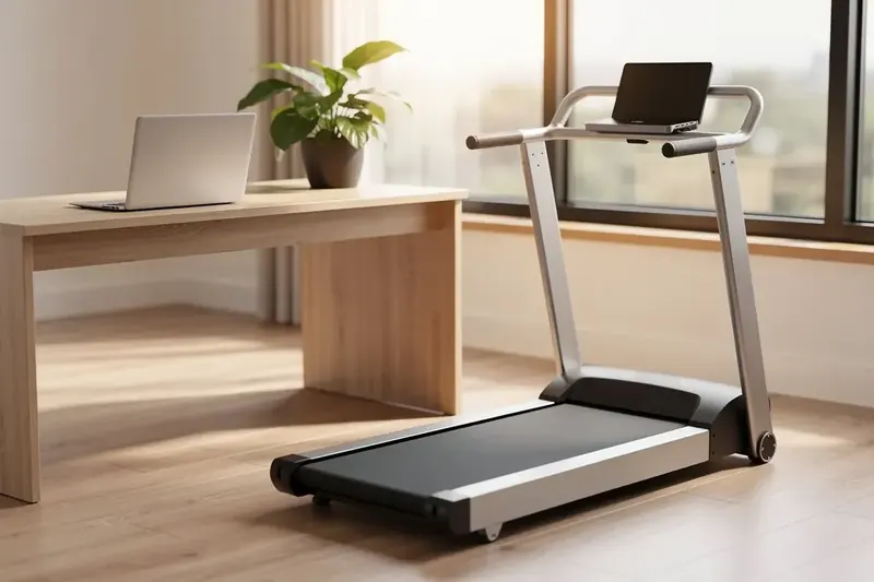 Klappbares Laufband im hellen Home-Office neben Schreibtisch mit Laptop