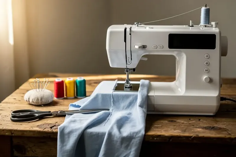 Weiße Computer-Nähmaschine mit hellblauem Stoff, Garnrollen und Schere auf Holztisch