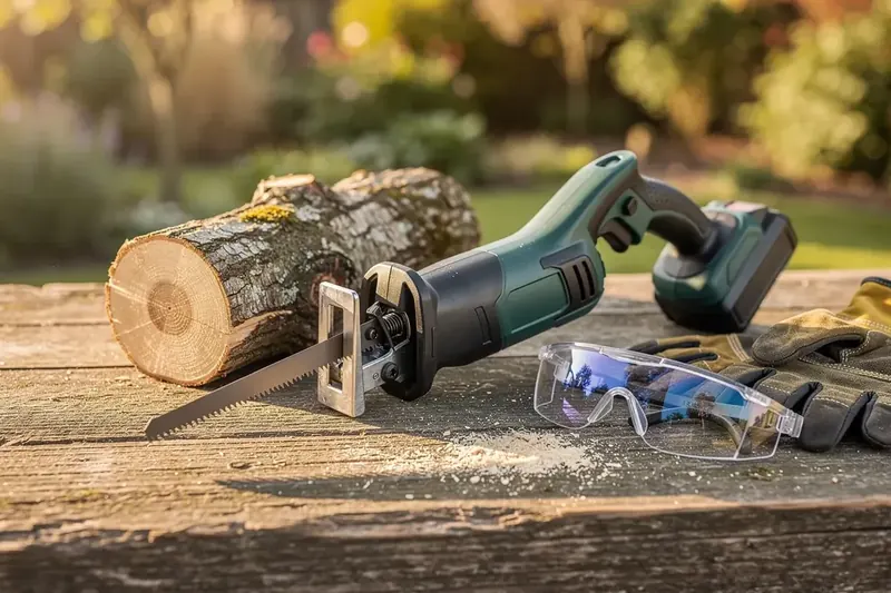 Akku-Säbelsäge mit Holzsägeblatt auf einer Werkbank, daneben ein gesägter Ast und Schutzbrille