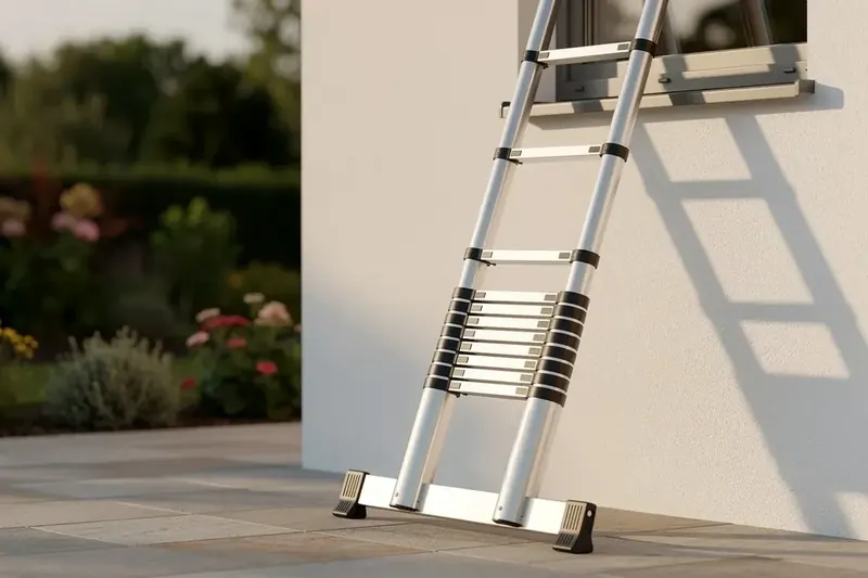 Aluminium-Teleskopleiter mit Stabilisierungsfuß lehnt an einer hellen Hauswand