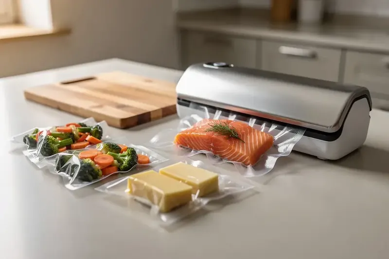 Vakuumiergerät versiegelt Beutel mit Lachsfilet, daneben vakuumiertes Gemüse und Käse