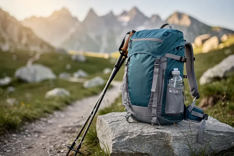 Wanderrucksack mit Hüftgurt und Trinkflasche auf einem Felsen am Bergweg, daneben Trekkingstöcke
