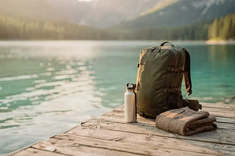 Wanderrucksack, Edelstahl-Trinkflasche und Wolljacke auf einem Holzsteg am türkisfarbenen Bergsee