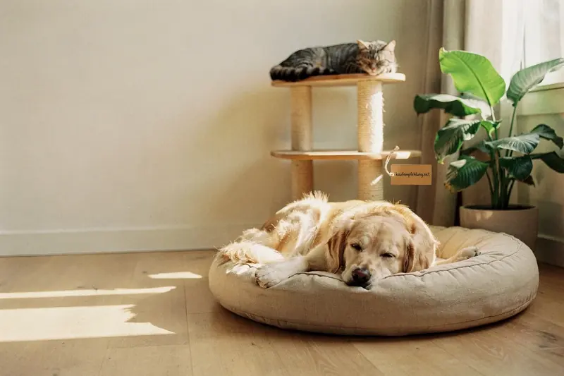 Golden Retriever schläft im runden Hundebett, Katze ruht auf dem Kratzbaum in sonniger Wohnzimmerecke