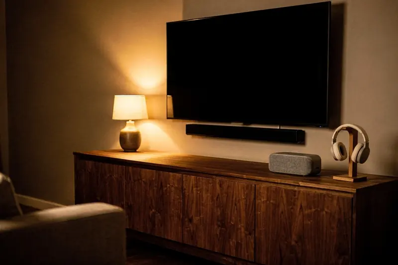 Wohnzimmer-Sideboard am Abend mit Fernseher, Soundbar, Bluetooth-Lautsprecher und Kopfhörern auf Ständer