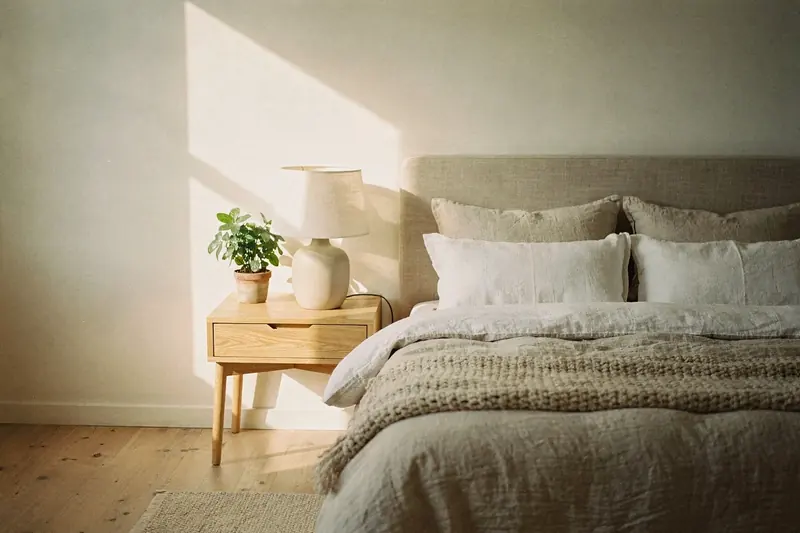 Helles Schlafzimmer mit Doppelbett in Leinenbettwäsche, Strickdecke, Nachttisch mit Lampe und Pflanze im Morgenlicht