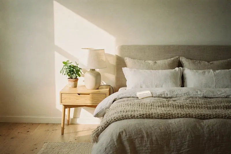 Helles Schlafzimmer mit Doppelbett in Leinenbettwäsche, Strickdecke, Nachttisch mit Lampe und Pflanze im Morgenlicht