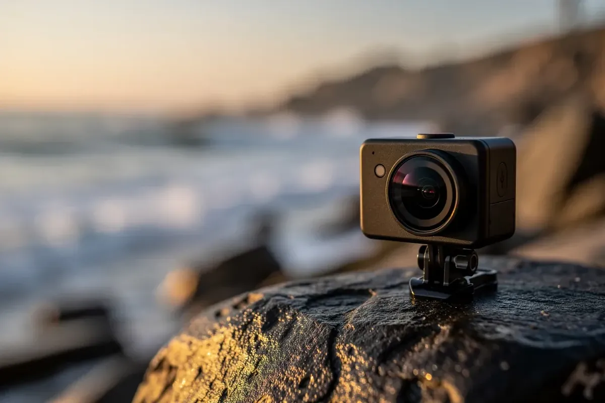 Kompakte schwarze Action-Cam auf Halterung auf Felsen am Meer im Abendlicht