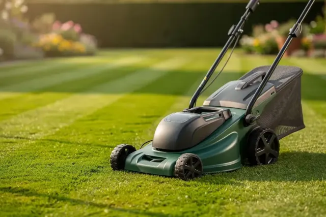 Grüner Akku-Rasenmäher mit Fangkorb auf frisch gemähtem, gestreiftem Rasen im Garten