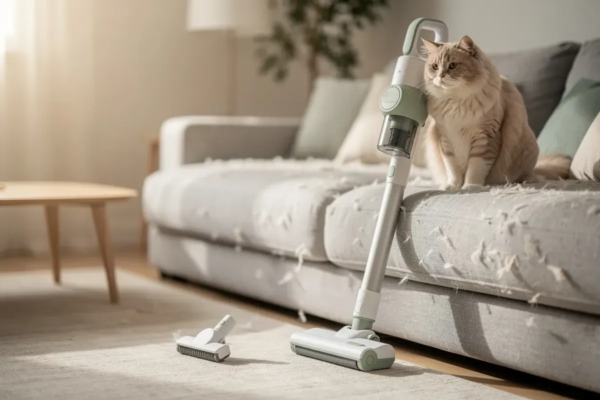 Akku-Staubsauger lehnt am grauen Sofa mit Katzenhaaren, daneben Katze und Tierhaardüse auf dem Teppich