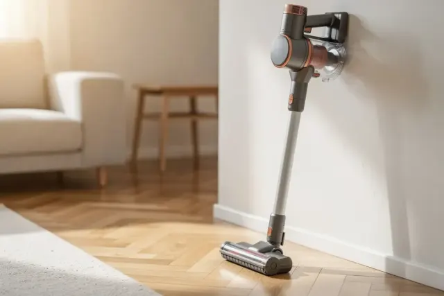 Akku-Staubsauger in Wandhalterung mit Bodendüse auf Eichenparkett in hellem Wohnzimmer