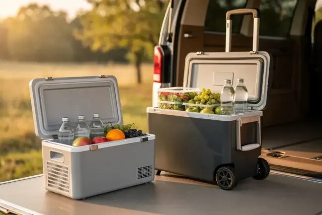 Zwei offene Kompressor-Kühlboxen, eine kompakte und eine größere mit Rollen, im Heck eines Campers