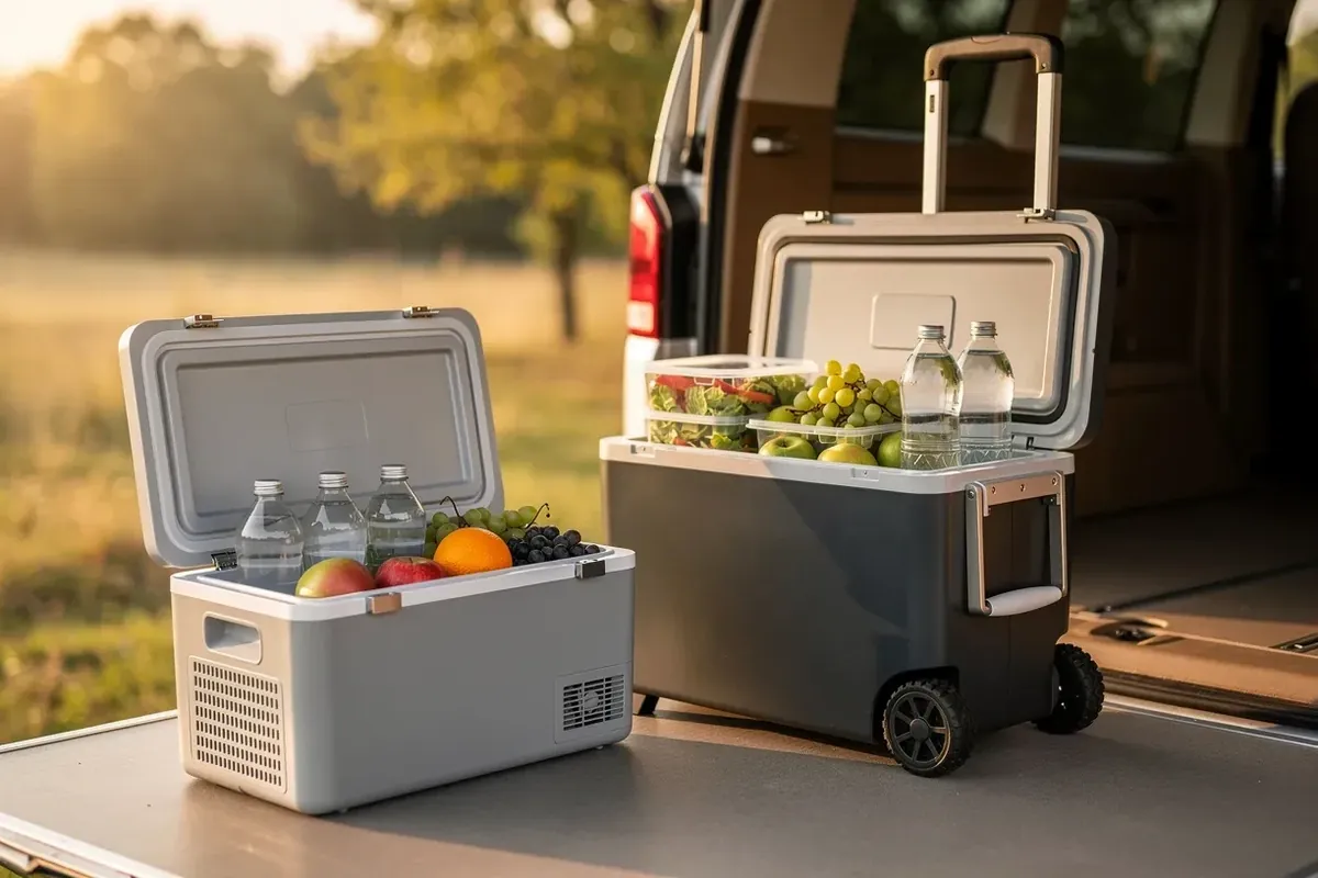 Zwei offene Kompressor-Kühlboxen, eine kompakte und eine größere mit Rollen, im Heck eines Campers