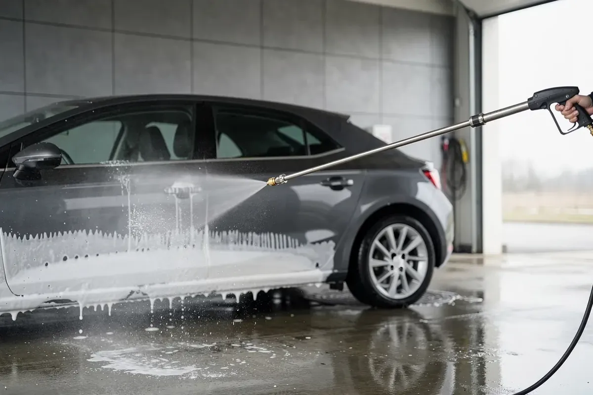 Hochdruckreiniger-Lanze sprüht Wasser auf die eingeschäumte Seite eines dunklen Autos in der SB-Waschbox