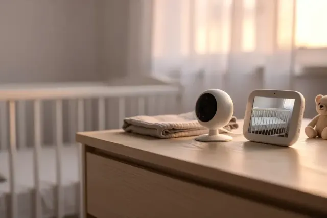 Babyphone mit Kamera und Elterneinheit mit Bildschirm auf einer Kommode im Kinderzimmer