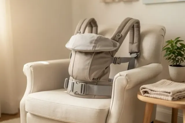 Ergonomische Babytrage mit Hüftgurt und gepolsterten Schultergurten auf hellem Sessel