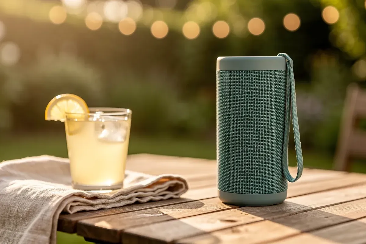 Tragbarer Bluetooth-Lautsprecher mit Stoffbespannung auf einem Holztisch im Garten, daneben Limonade