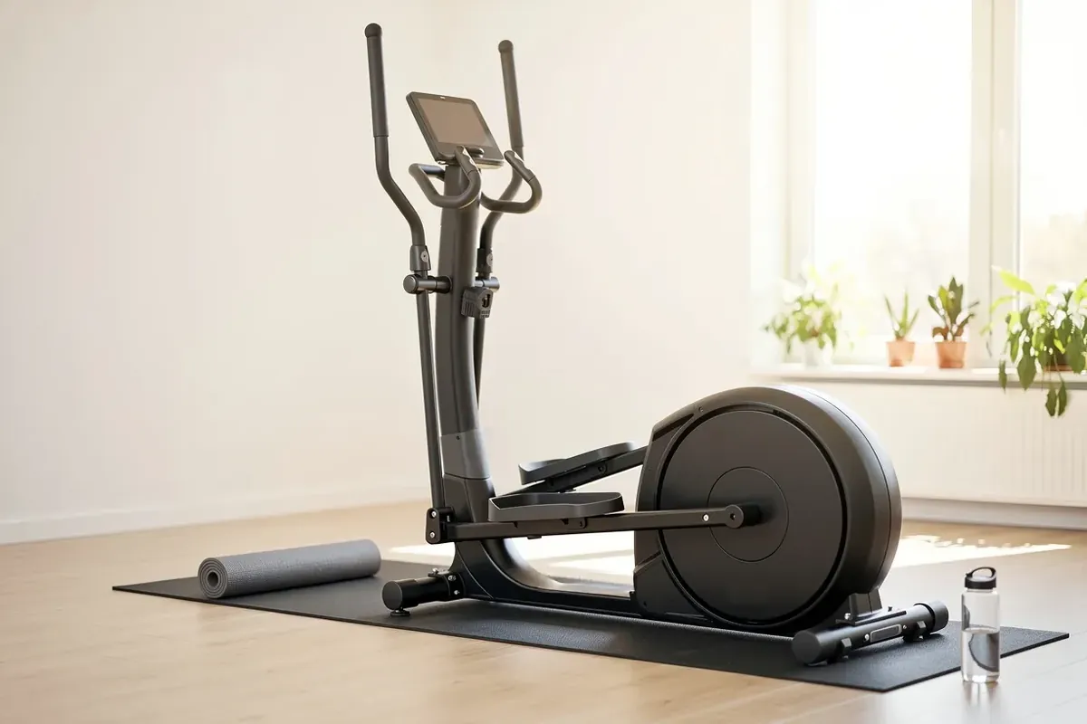 Crosstrainer mit Schwungscheibe auf Bodenmatte im hellen Home-Gym mit Yogamatte