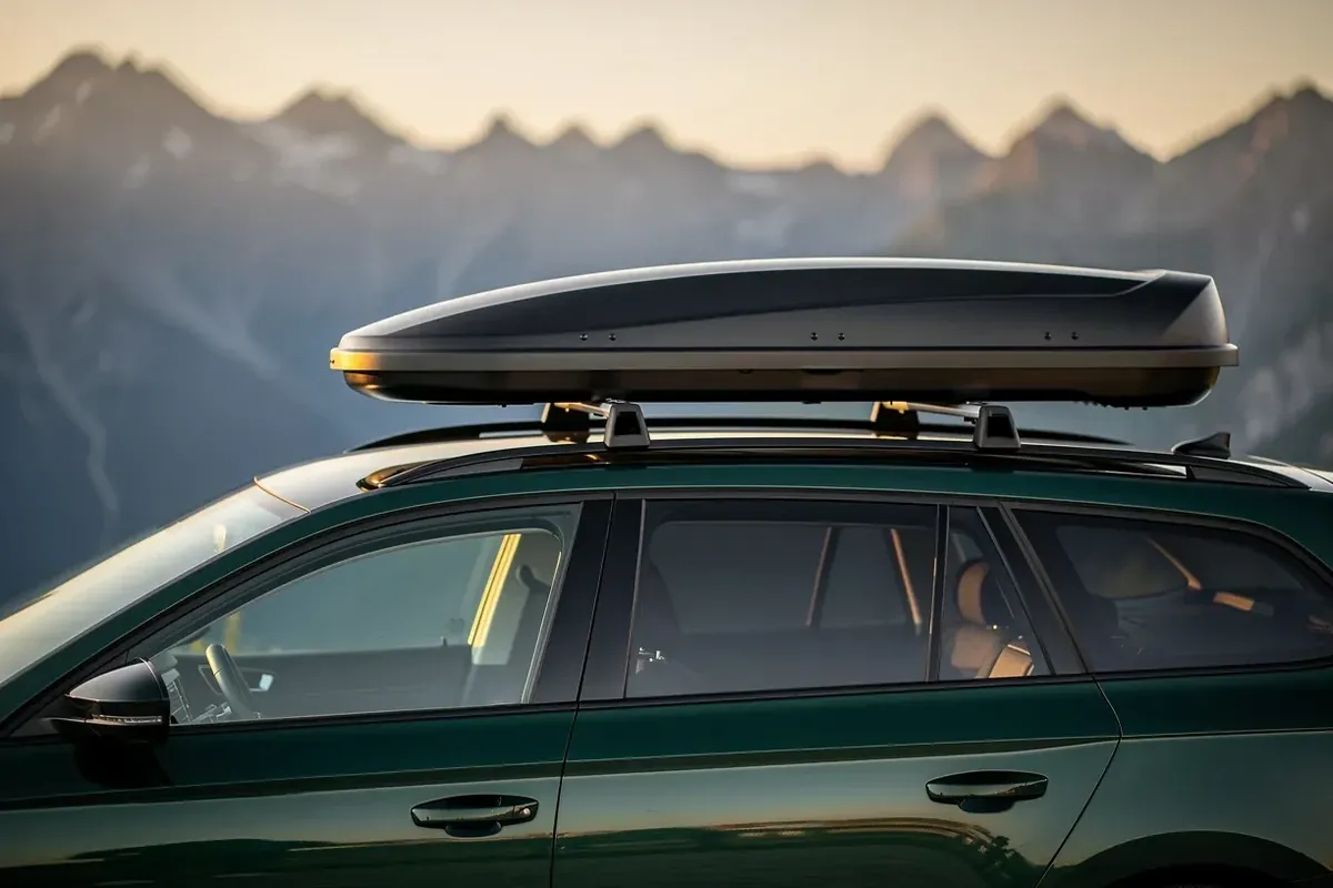 Schwarze Dachbox auf Dachträgern eines dunkelgrünen Kombis vor Bergkulisse im Abendlicht