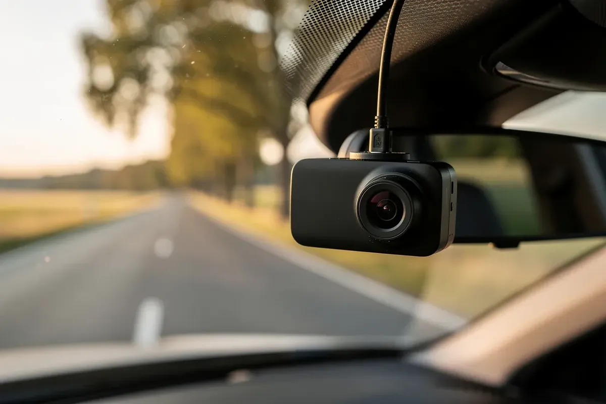 Dashcam am Rückspiegel hinter der Windschutzscheibe, davor eine Landstraße mit Bäumen im Morgenlicht