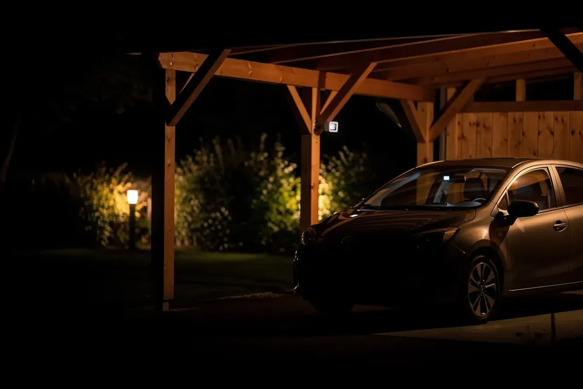 Geparktes Auto nachts im Holzcarport, hinter der Frontscheibe leuchtet die Dashcam im Parkmodus