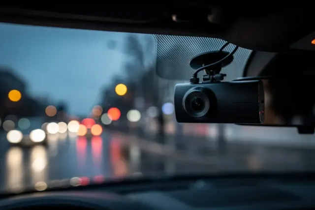 Kompakte Dashcam an der Windschutzscheibe hinter dem Rückspiegel, abendliche Stadtlichter im Hintergrund