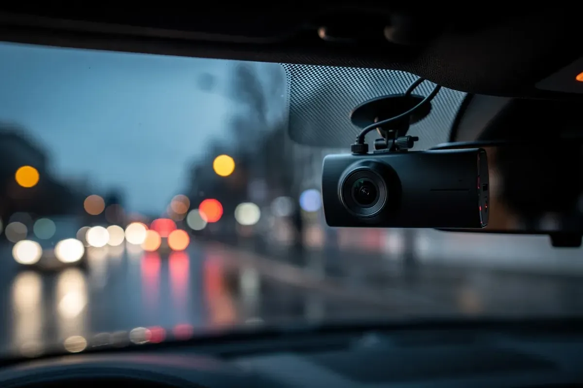 Kompakte Dashcam an der Windschutzscheibe hinter dem Rückspiegel, abendliche Stadtlichter im Hintergrund