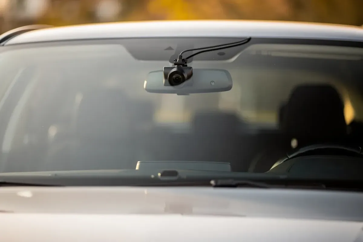 Kompakte Dashcam hinter der Windschutzscheibe am Rückspiegel, Objektiv nach vorn gerichtet