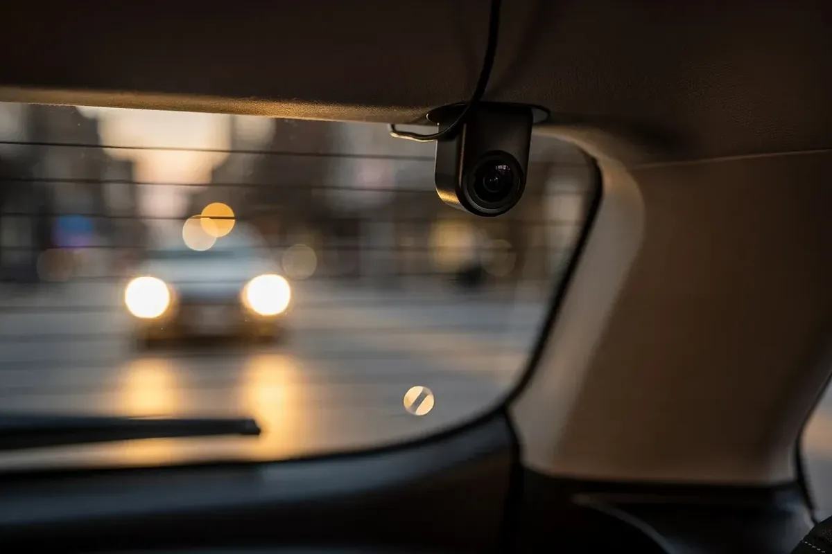 Heckkamera einer Dashcam oben an der Heckscheibe, dahinter ein folgendes Auto mit Scheinwerfern