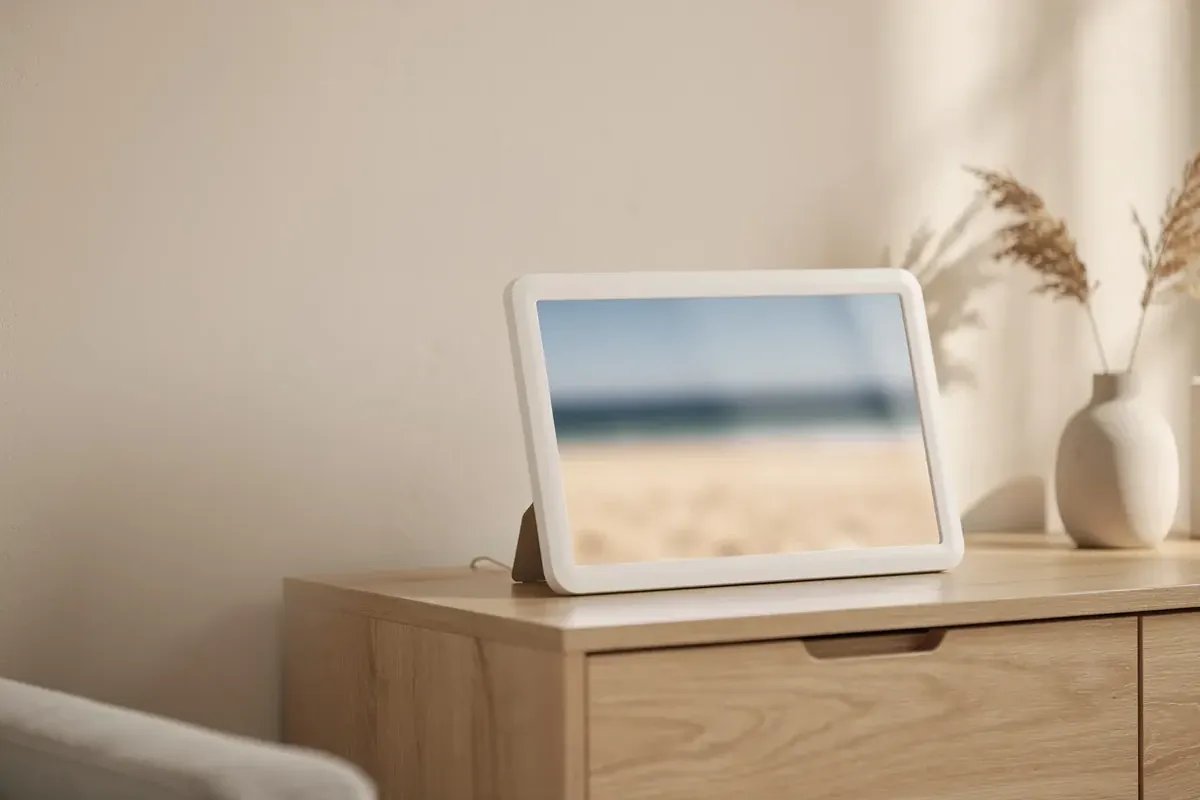Digitaler Bilderrahmen mit unscharfem Strandfoto auf einem Sideboard aus Eiche