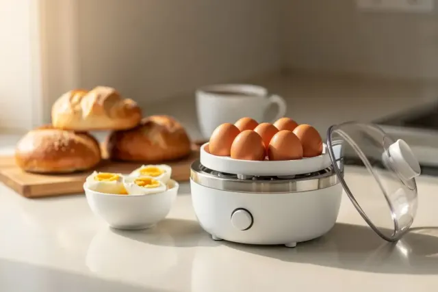 Weißer Eierkocher mit sechs braunen Eiern und offenem Deckel auf dem Frühstückstisch