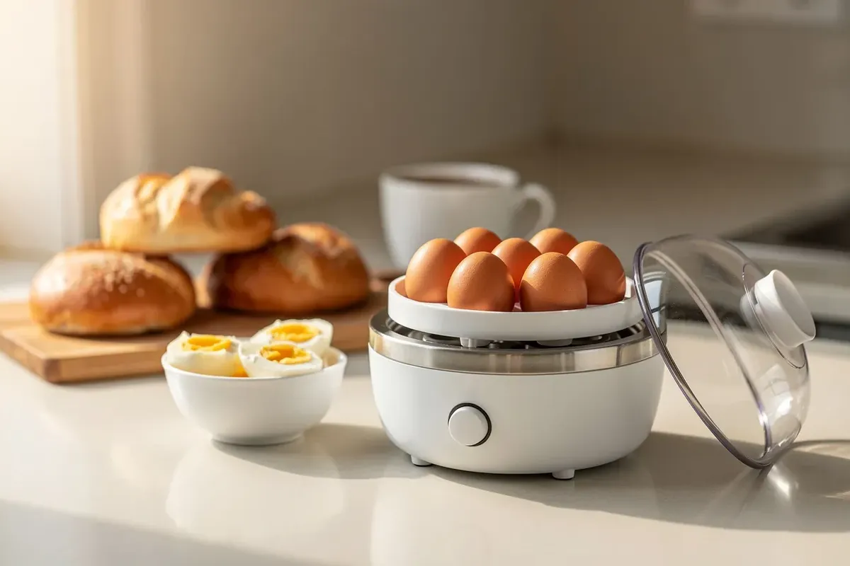 Weißer Eierkocher mit sechs braunen Eiern und offenem Deckel auf dem Frühstückstisch
