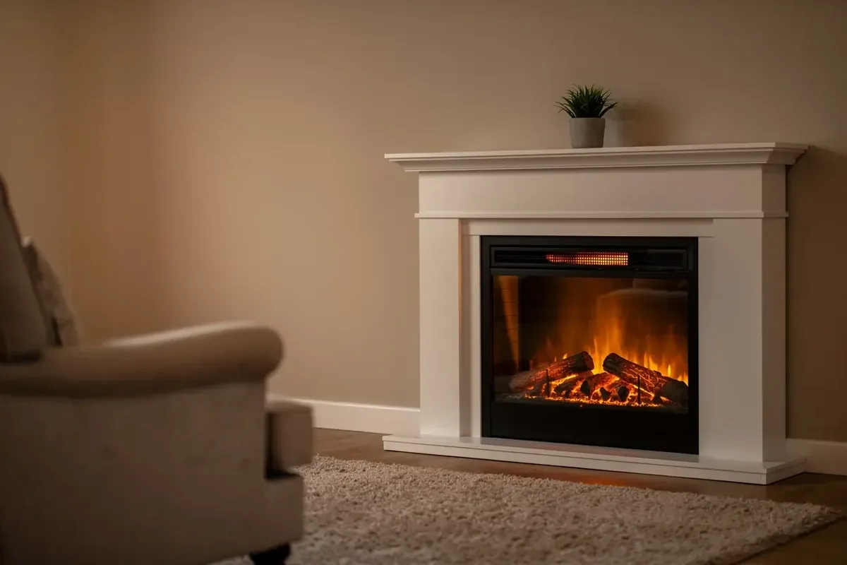 Elektrokamin mit LED-Flammeneffekt in weißer Kaminumrandung im abendlichen Wohnzimmer