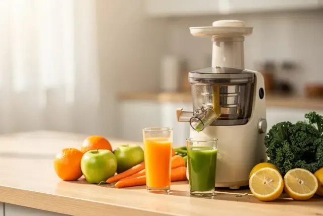 Slow Juicer mit Saftgläsern, Orangen, Äpfeln, Karotten und Grünkohl auf heller Küchenarbeitsplatte
