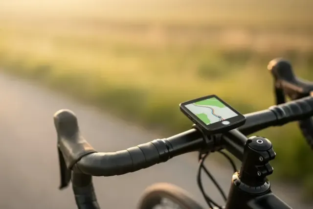 GPS-Fahrradcomputer mit Kartenansicht am Lenker eines schwarzen Rennrads auf einer Landstraße im Morgenlicht