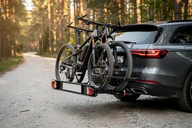 Fahrradträger für die Anhängerkupplung mit zwei E-Bikes am Heck eines Kombis auf einem Waldweg