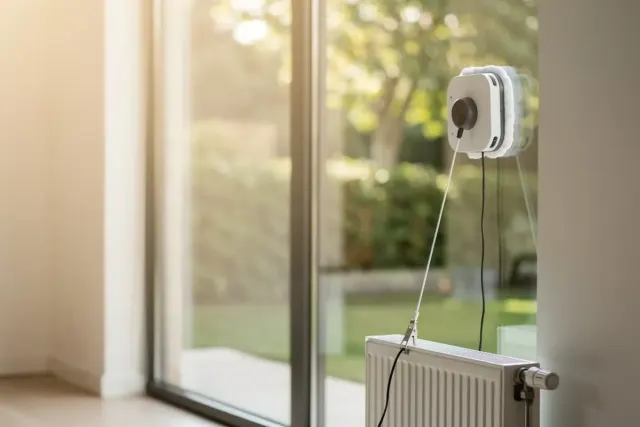 Fensterputzroboter an großer Glasscheibe, mit Sicherheitsseil am Heizkörper gesichert