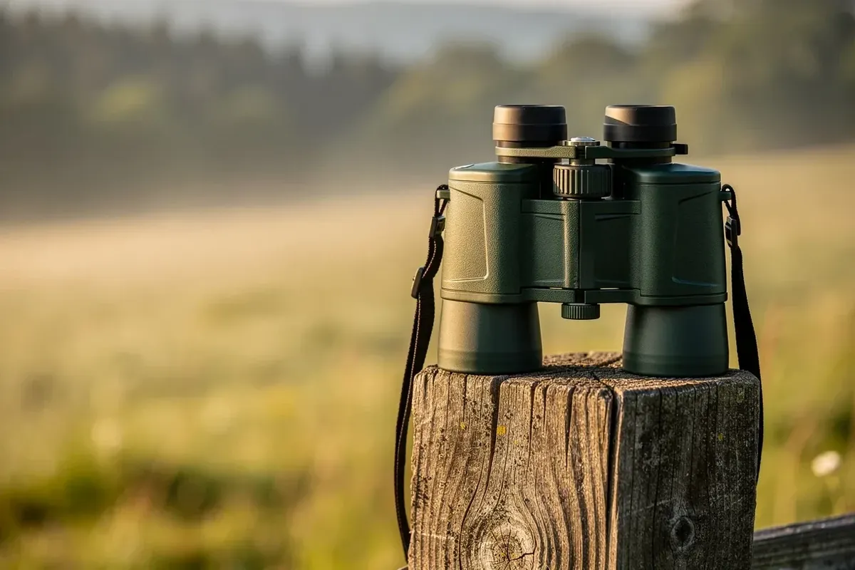 Grünes Fernglas mit Trageriemen auf einem Holzpfahl vor einer nebligen Wiese am Morgen