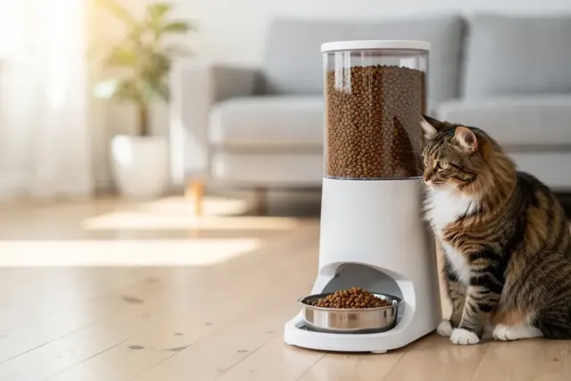 Futterautomat für Katzen mit Trockenfutter-Vorratsbehälter und Edelstahlnapf, Katze sitzt daneben