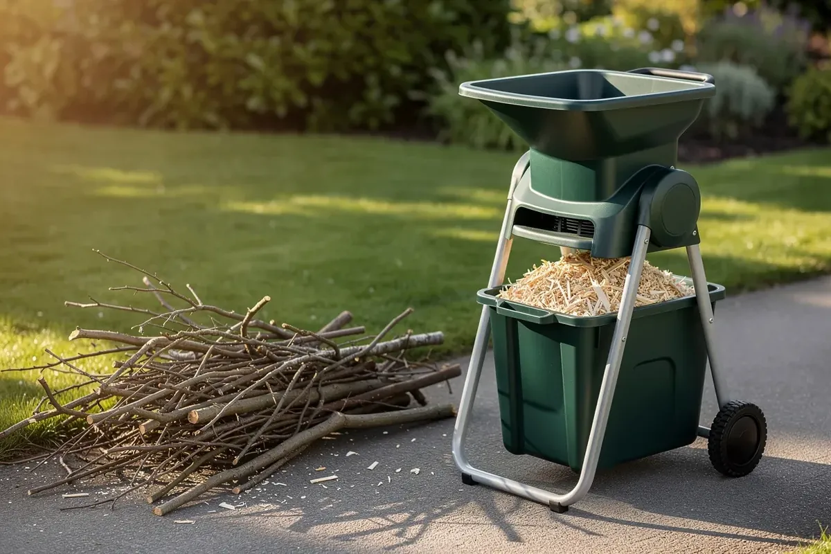 Elektrischer Gartenhäcksler mit Fangbox voller Häckselgut neben Ästen im Garten