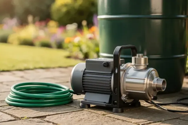 Gartenpumpe aus Edelstahl vor einer Regentonne auf der Terrasse, daneben ein Gartenschlauch