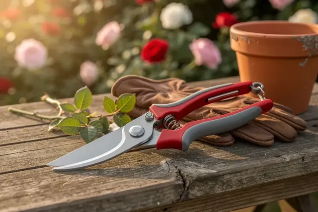 Bypass-Gartenschere mit rot-grauen Griffen auf einem Holztisch, daneben Rosenzweige und Handschuhe