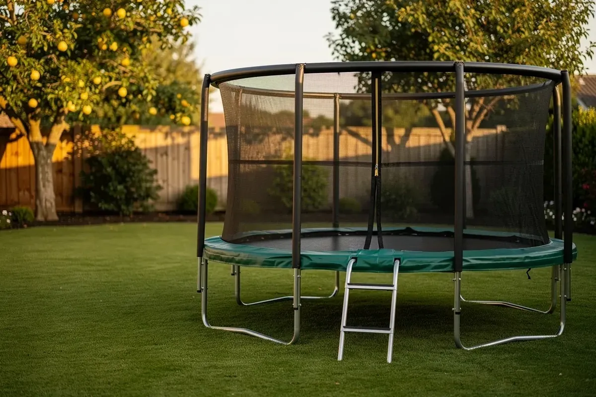Rundes Gartentrampolin mit Sicherheitsnetz und Leiter auf dem Rasen im Abendlicht