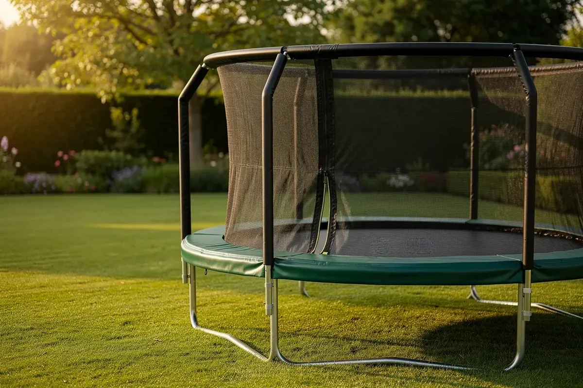 Rundes Gartentrampolin mit Sicherheitsnetz und Randabdeckung auf dem Rasen im Abendlicht